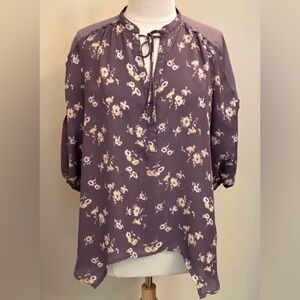 LC Lauren Conrad Purple Gray Floral Print 3/4 Sleeves Casual Tie Top Size M